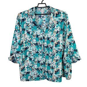 Womens Catherines Teal Blue Floral Print Blouse Button-Front 3/4 Sleeves Size 5X